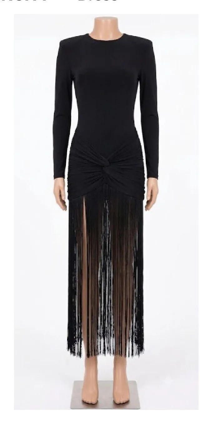 Black Ruched Long-Sleeve Fringe Maxi Dress — Dresses by NEWCOM women's wear manufacturer