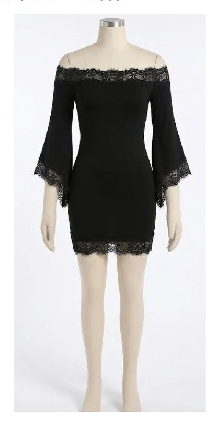 Black Lace-Trim Off-Shoulder Bell-Sleeve Mini Dress — Dresses by NEWCOM women's wear manufacturer