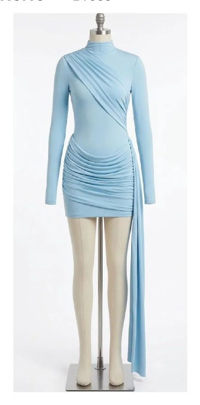 Ice Blue One-Shoulder Ruched Mini Dress — Dresses by NEWCOM women's wear manufacturer