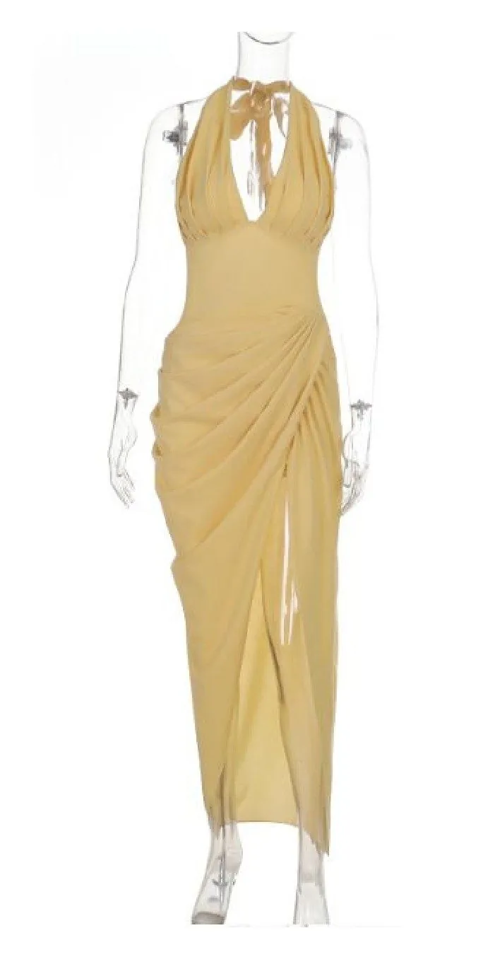 Butter Yellow Halter Ruched Maxi Dress — Dresses by NEWCOM women's wear manufacturer