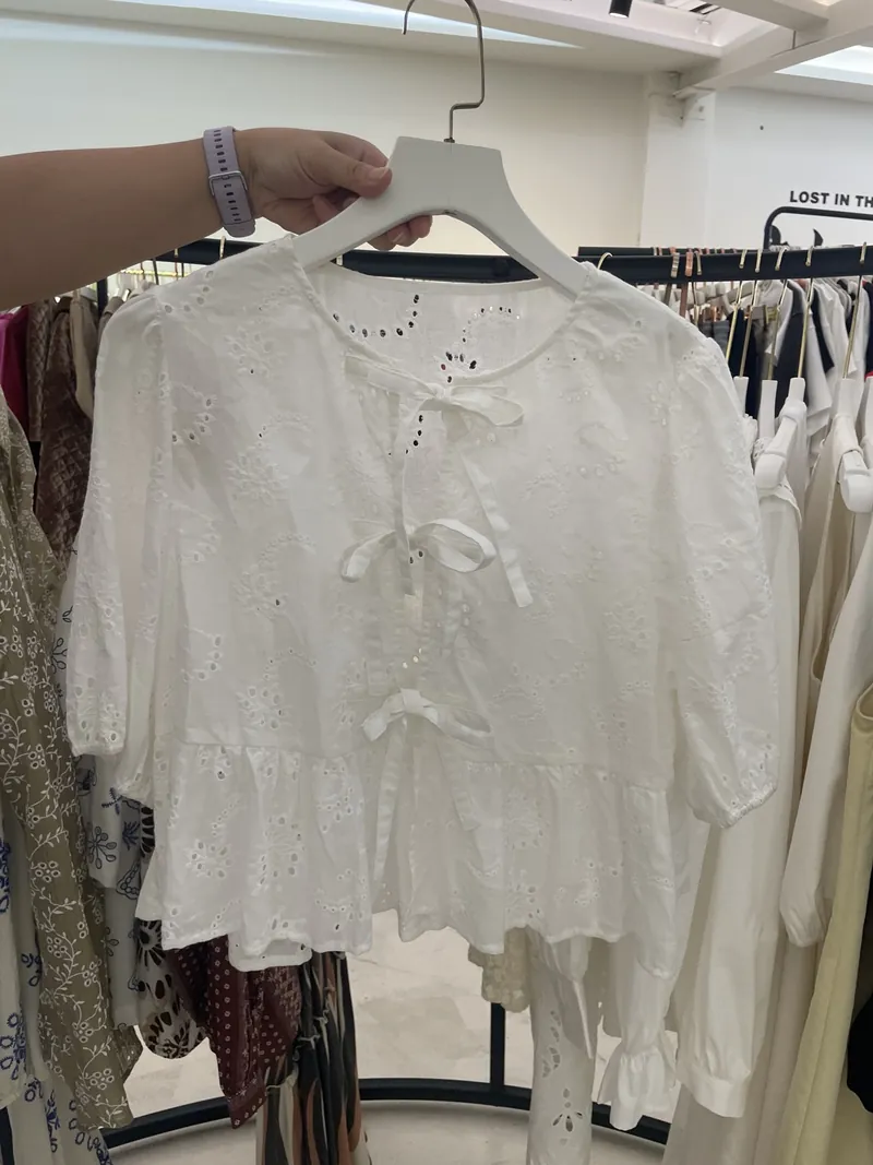 White Lace-Trim Button Blouse — Tops & Tees by NEWCOM women's wear manufacturer