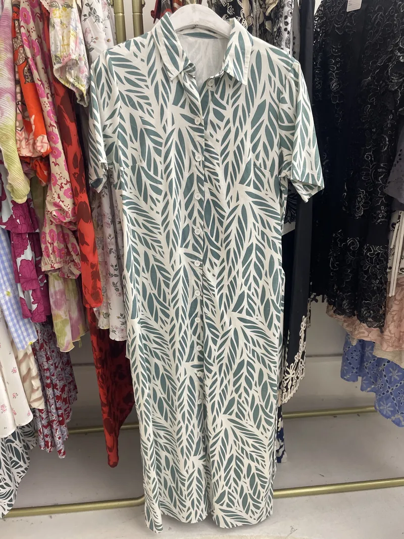 Sage Leaf Print Short-Sleeve Shirt Dress — design reference