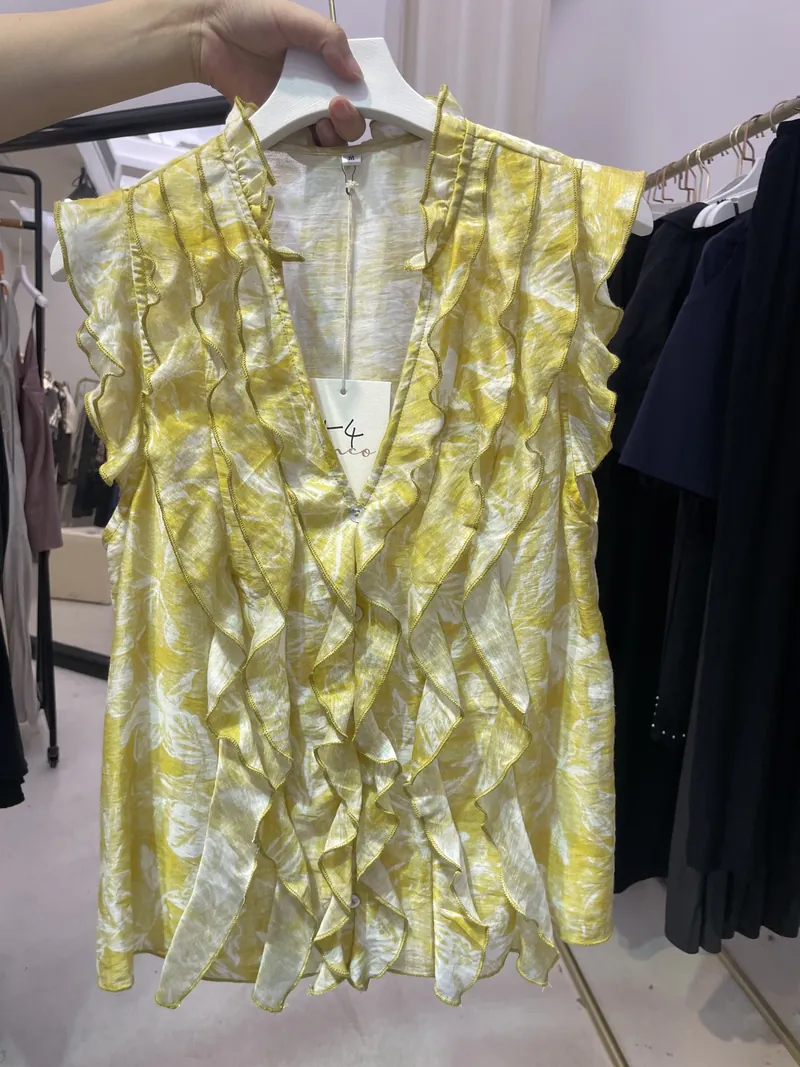 Yellow Abstract Print Ruffle Blouse — Tops & Tees by NEWCOM women's wear manufacturer