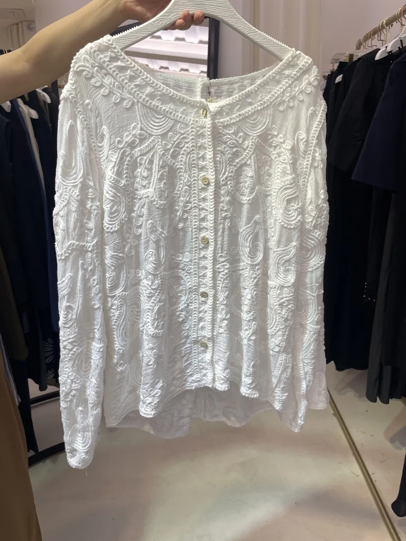 White Embroidered Long-Sleeve Blouse — Tops & Tees by NEWCOM women's wear manufacturer
