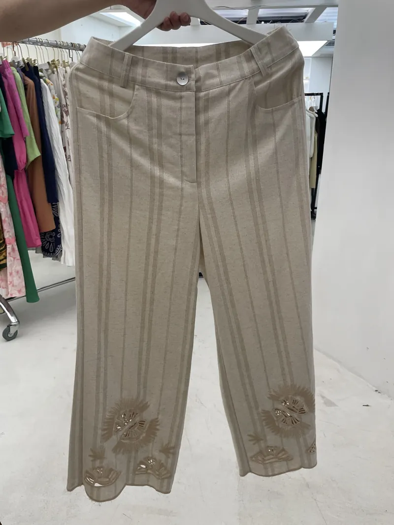 Beige Embroidered Wide-Leg Pants — Skirts & Pants by NEWCOM women's wear manufacturer