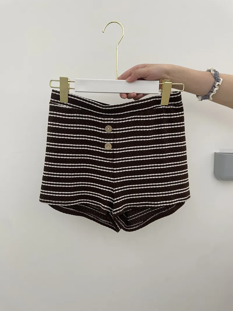 Black Stripe Button-Front High-Waist Shorts — Skirts & Pants by NEWCOM women's wear manufacturer