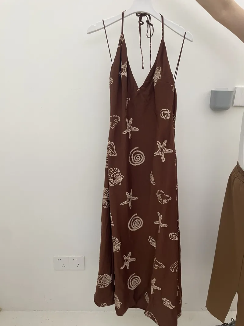 Brown Embroidered Tie-Strap Slip Dress — Dresses by NEWCOM women's wear manufacturer