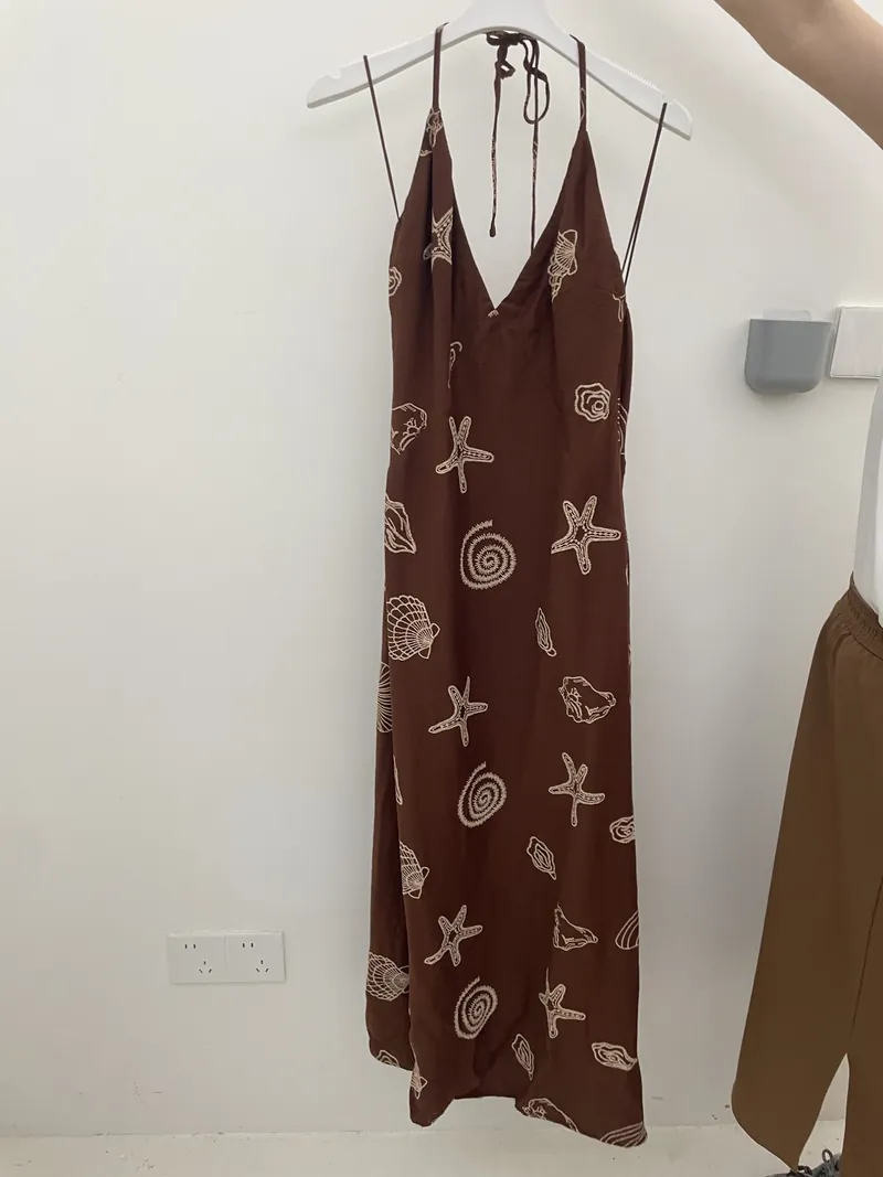 Brown Embroidered Tie-Strap Slip Dress — alternate front reference photograph
