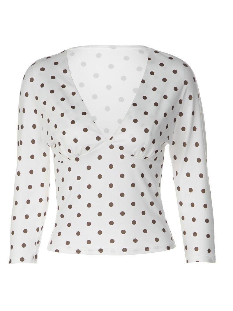 Polka Dot V-Neck Long-Sleeve Top — Tops & Tees by NEWCOM women's wear manufacturer