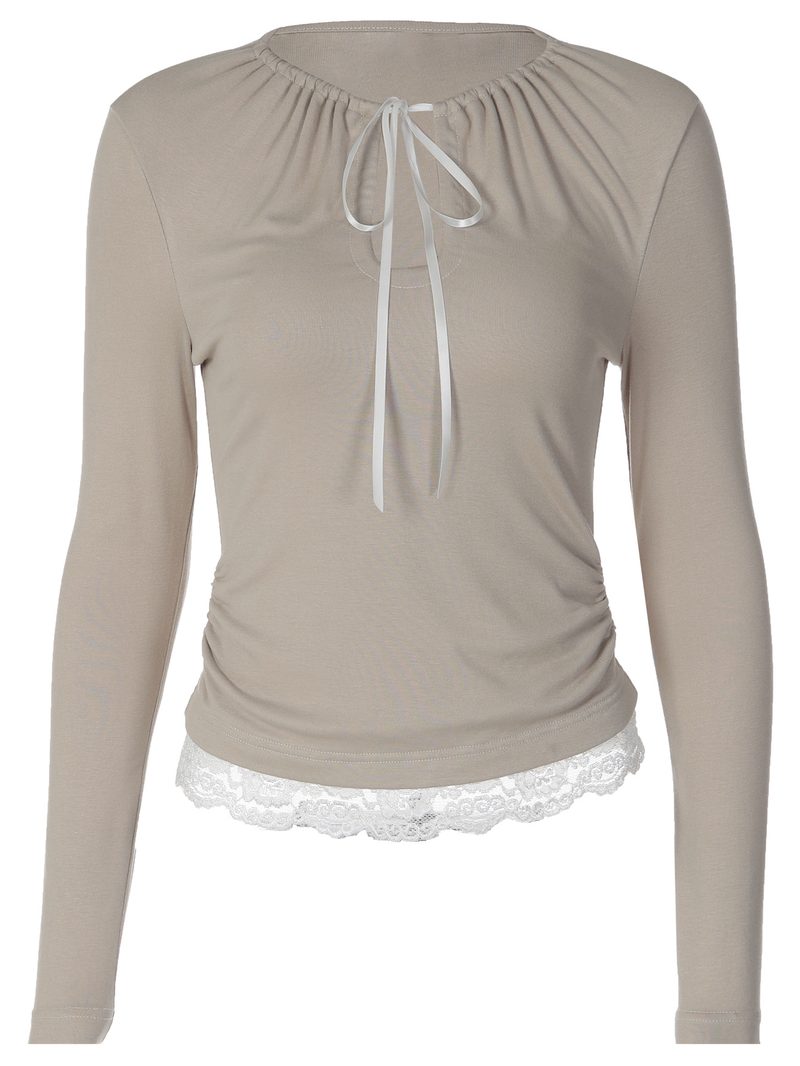 U-Neck Tie Lace Long-Sleeve Tee — Tops & Tees by NEWCOM women's wear manufacturer