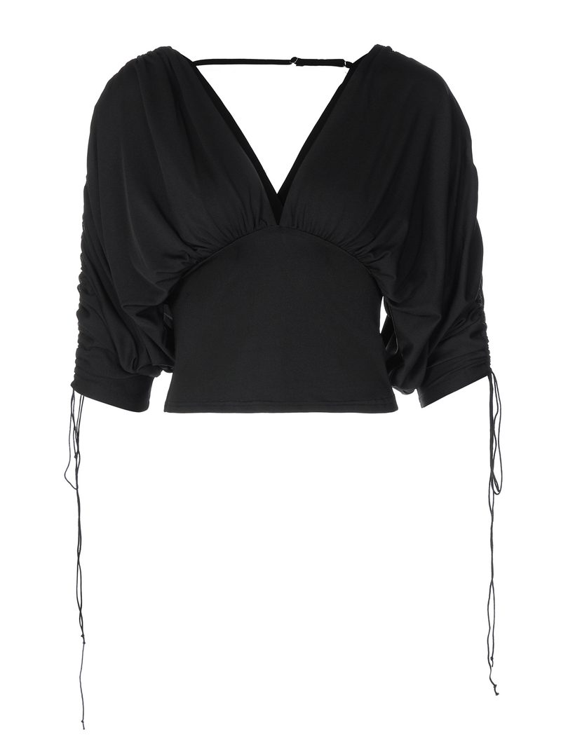 V-Neck Drawstring Short-Sleeve Top — Tops & Tees by NEWCOM women's wear manufacturer