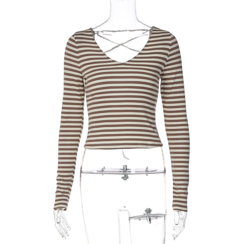 Striped V-Neck Crop Long-Sleeve Tee — Tops & Tees by NEWCOM women's wear manufacturer