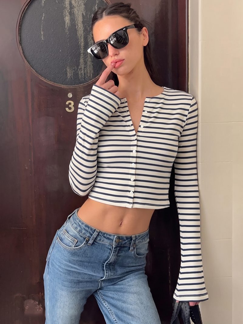 Striped Long-Sleeve Cardigan Top — model view