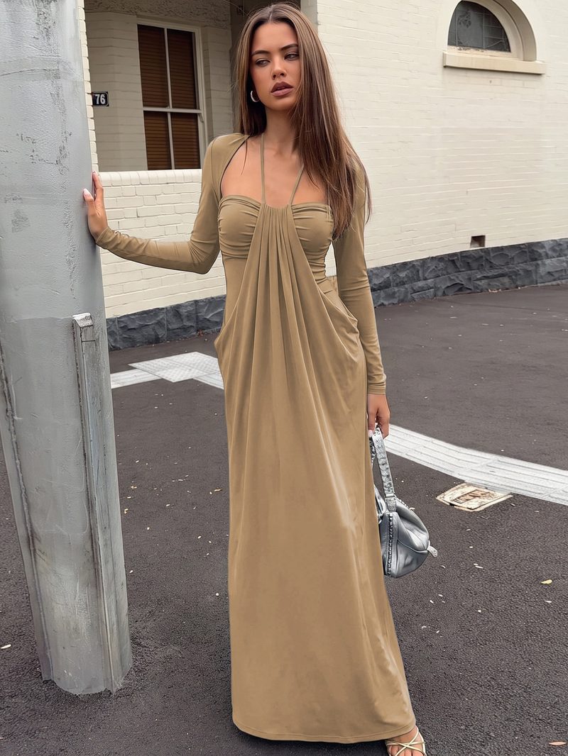 Cutout Strapless Long-Sleeve Dress — model view