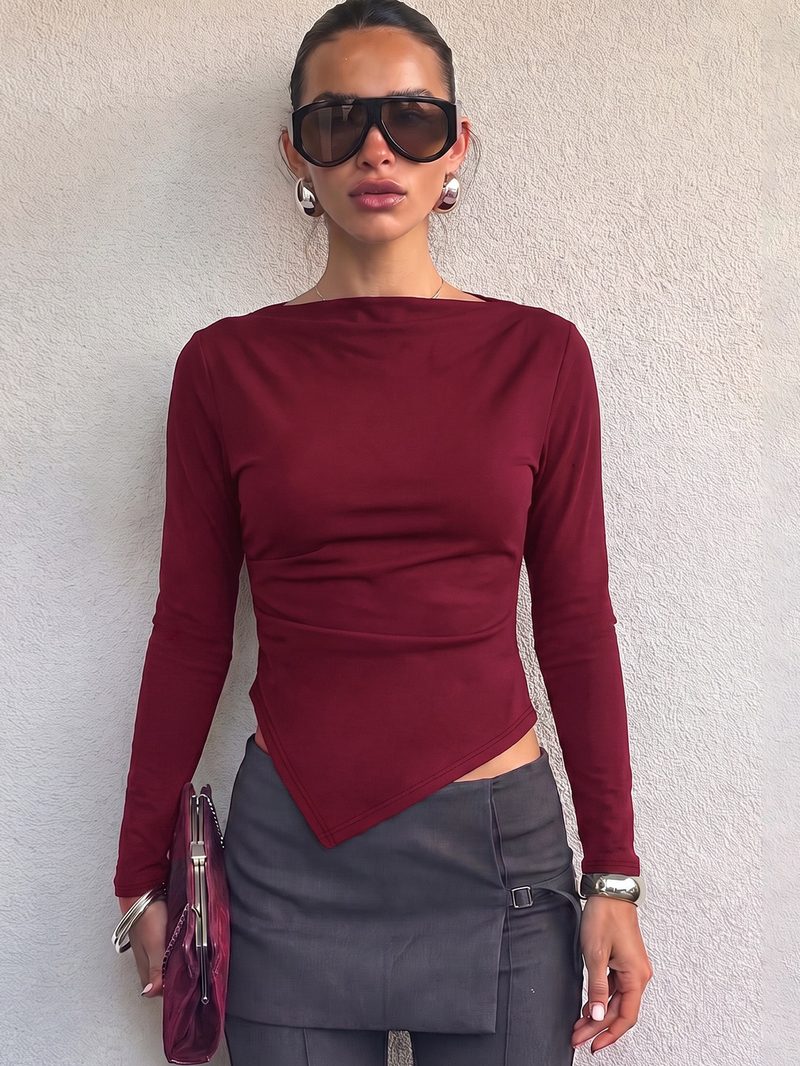 Asymmetric Ruching Long-Sleeve Top — model view