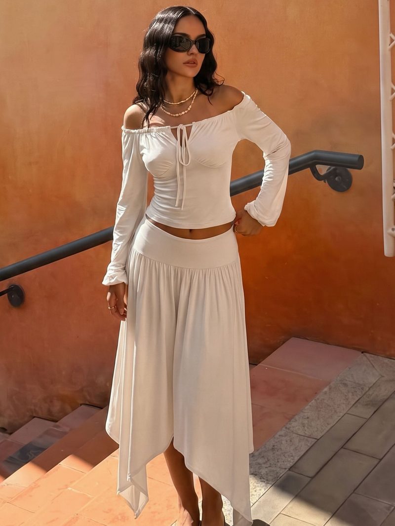Vintage Wrap Top & Asymmetric Skirt Set — model view