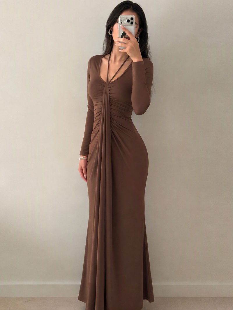 Ruching Deep V Maxi Dress — model view