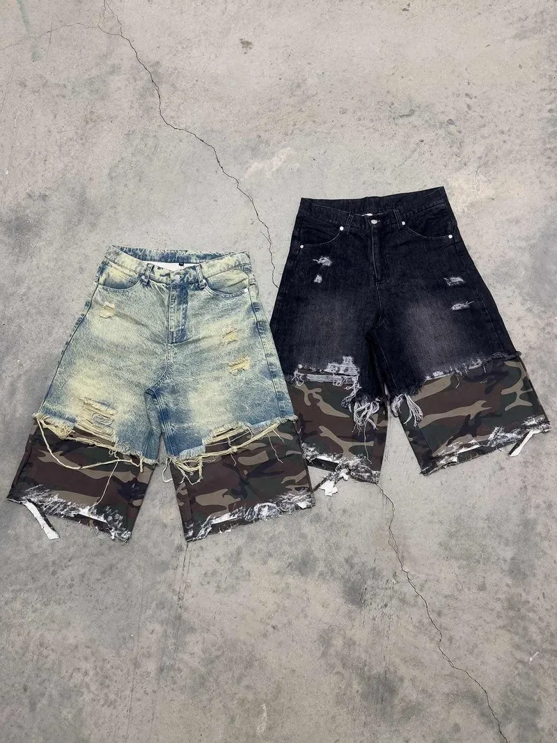 Distressed Denim and Camouflage Layered Shorts — Denim by NEWCOM women's wear manufacturer