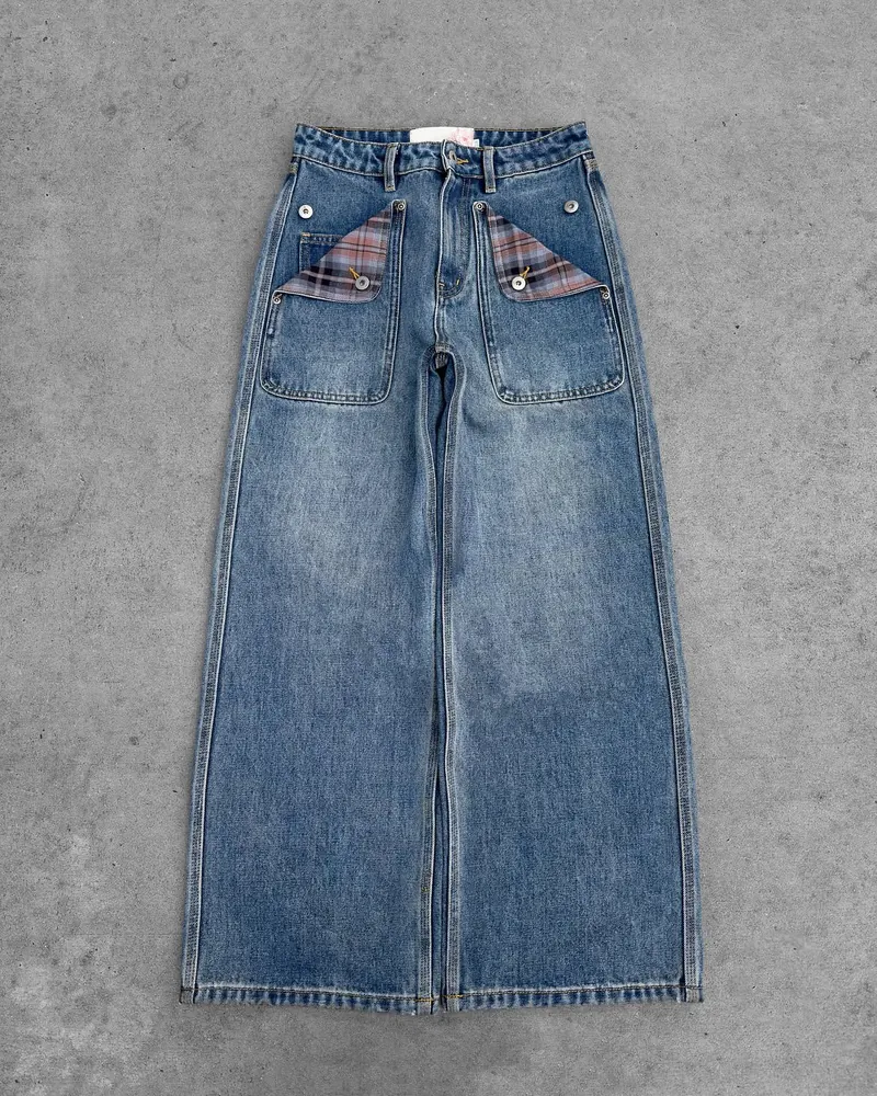Blue Plaid-Pocket Wide-Leg Jeans — Street Wear by NEWCOM women's wear manufacturer