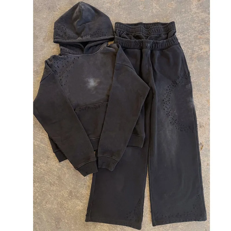 Distressed Pullover Hoodie and Wide-Leg Pants Set — Sets by NEWCOM women's wear manufacturer