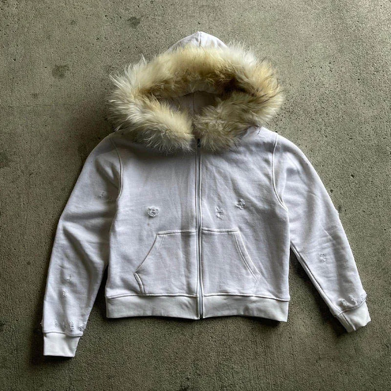 Grey Fur-Look Trim Zip-Up Hoodie — Street Wear by NEWCOM women's wear manufacturer