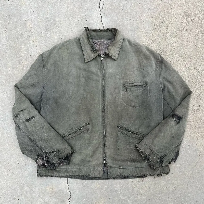 Olive Distressed Zip-Front Jacket — Jackets by NEWCOM women's wear manufacturer