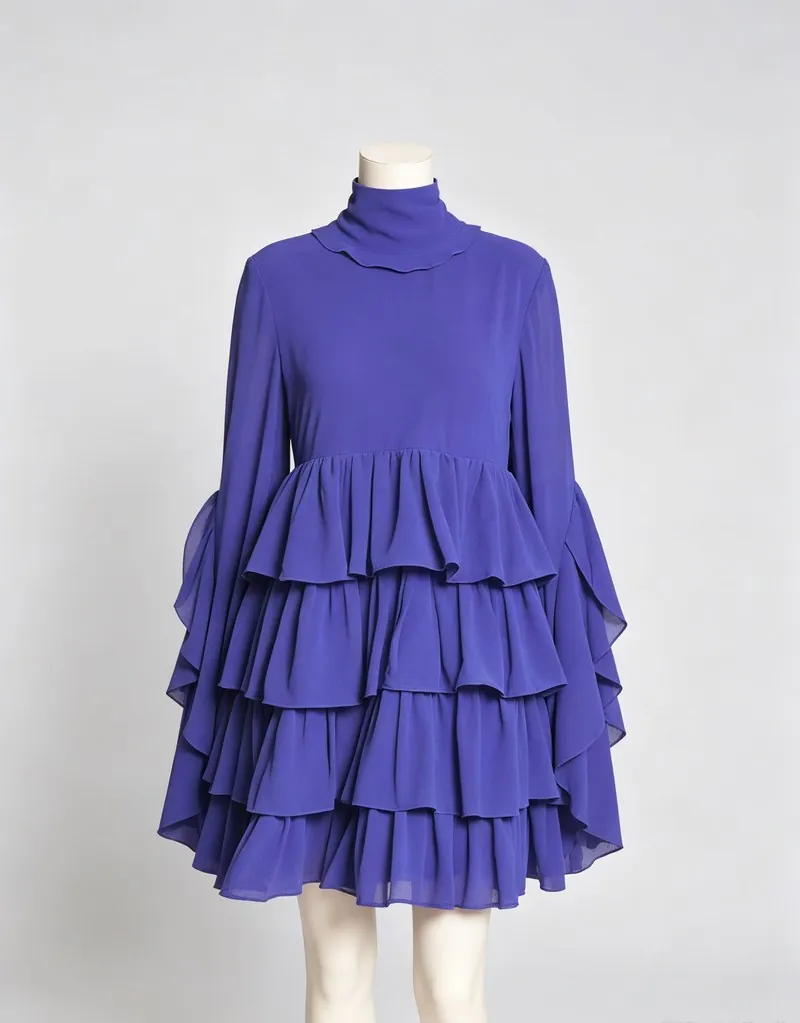 Cobalt Blue High-Neck Tiered Ruffle Mini Dress — Woven Collection by NEWCOM women's wear manufacturer
