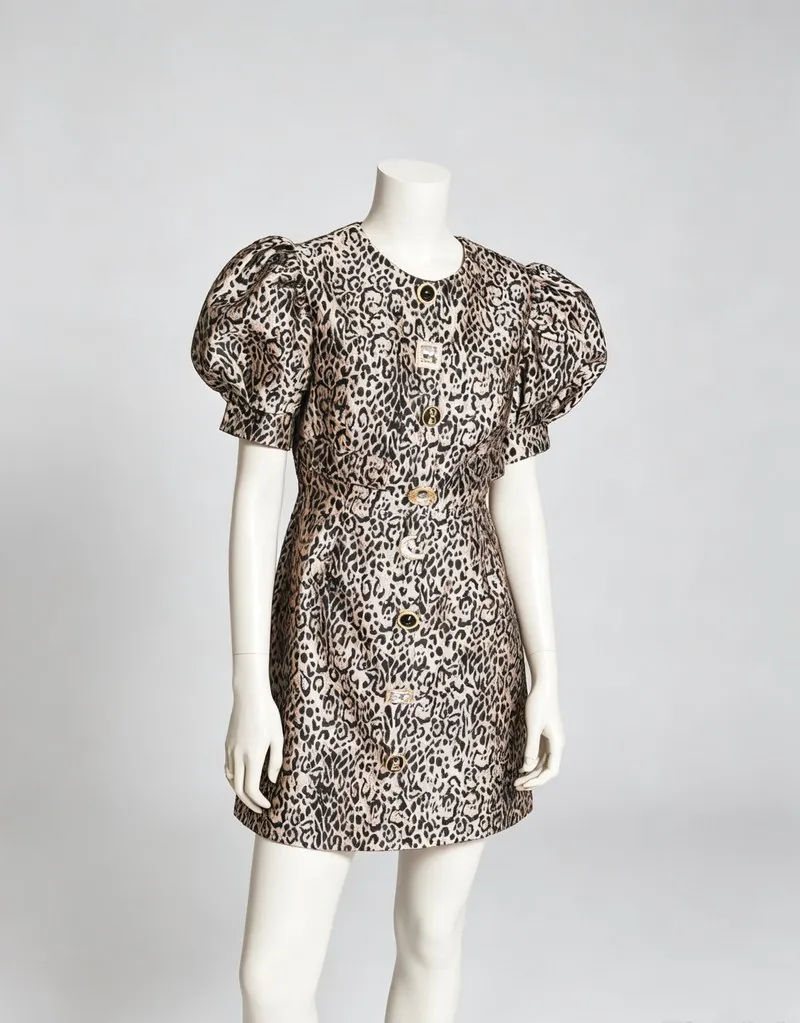 Brown Animal Print Puff-Sleeve Mini Dress — Woven Collection by NEWCOM women's wear manufacturer