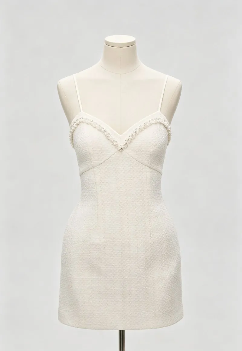Ivory Textured Lace-Trim Slip Mini Dress — Woven Collection by NEWCOM women's wear manufacturer