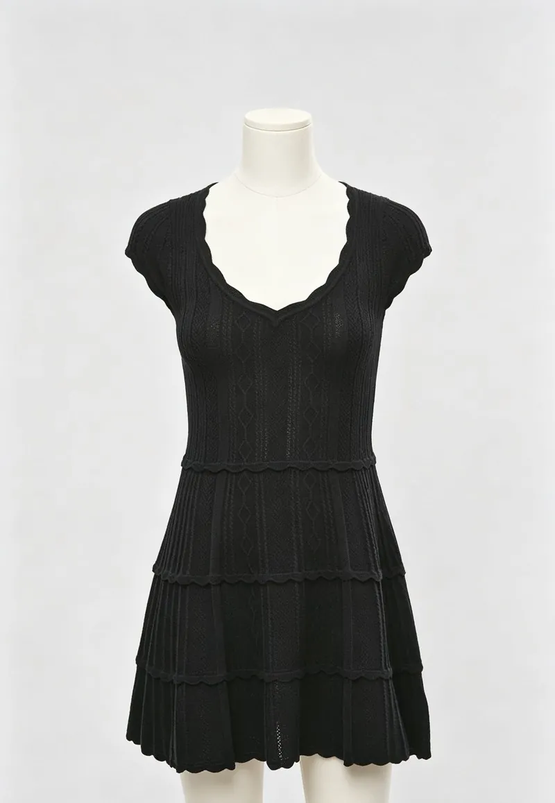 Black Scallop-Neck Tiered Mini Dress — Woven Collection by NEWCOM women's wear manufacturer