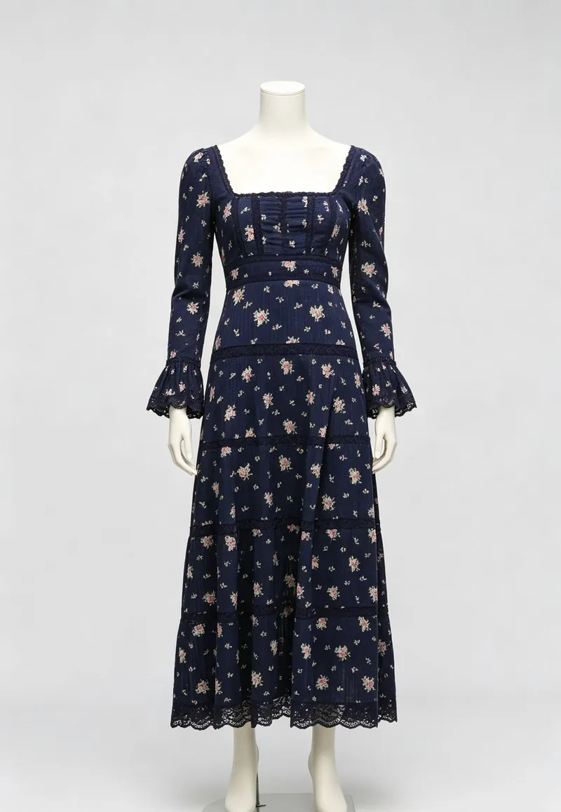 Navy Floral Square-Neck Long-Sleeve Midi Dress — Woven Collection by NEWCOM women's wear manufacturer