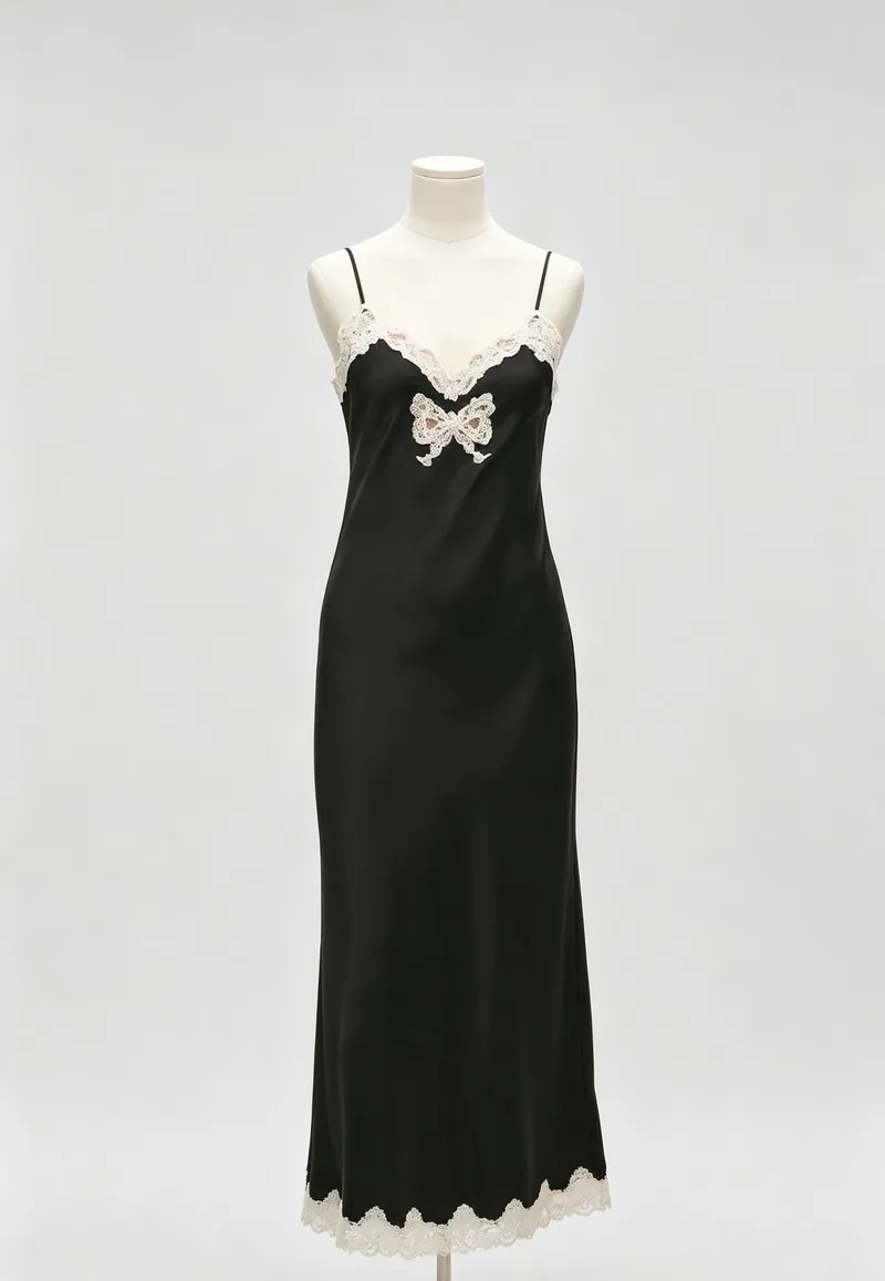 Black Lace-Trim Satin Slip Maxi Dress — Woven Collection by NEWCOM women's wear manufacturer