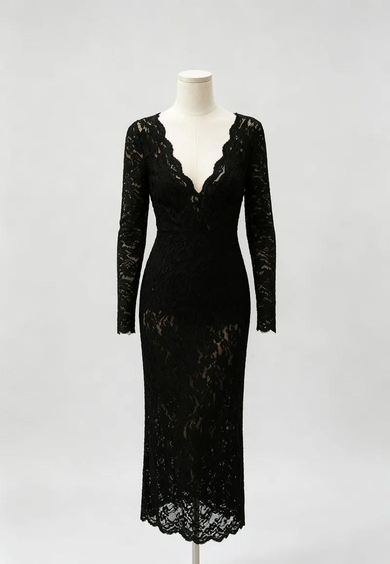 Black Long-Sleeve V-Neck Lace Midi Dress — Woven Collection by NEWCOM women's wear manufacturer