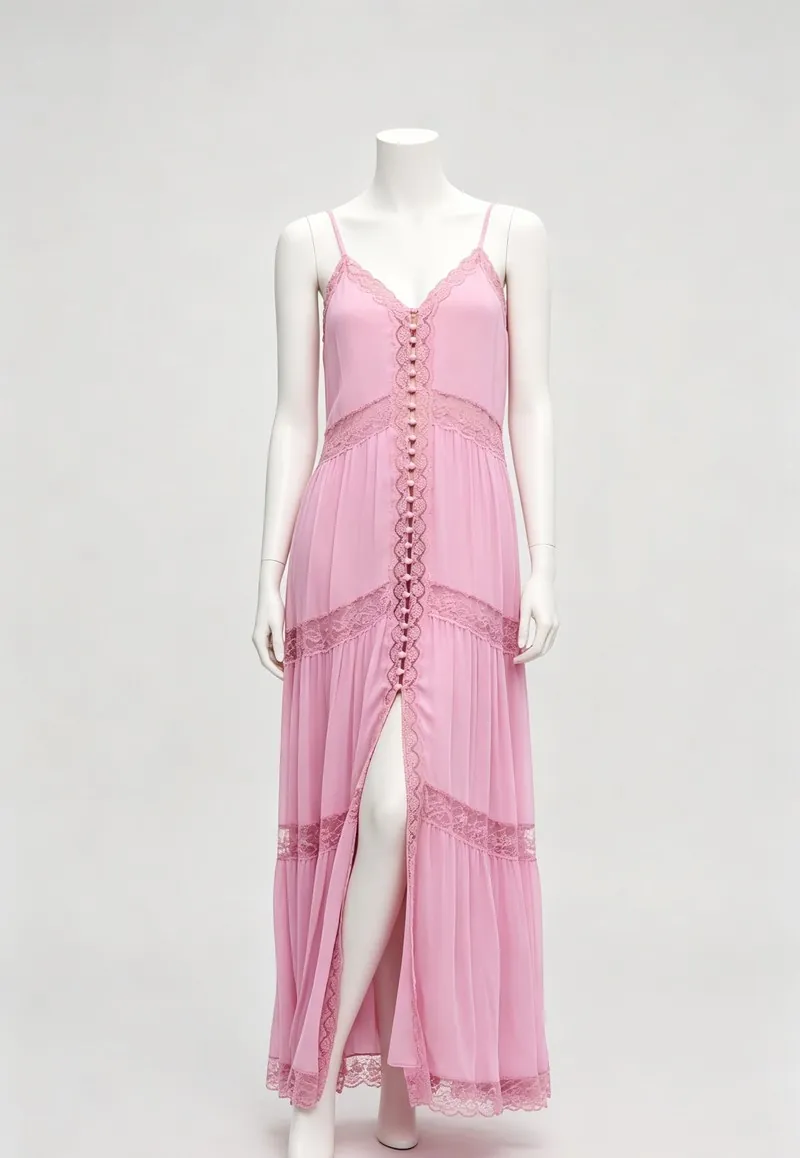 Pink Lace-Trim Strappy Tiered Maxi Dress — Woven Collection by NEWCOM women's wear manufacturer