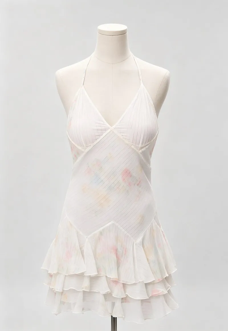 White Floral Ruffle-Hem Mini Slip Dress — Woven Collection by NEWCOM women's wear manufacturer