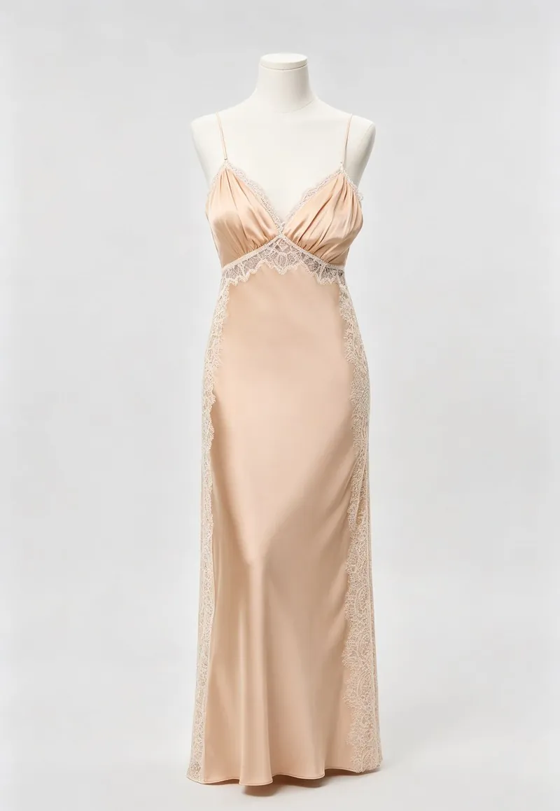 Champagne Satin Lace-Trim Slip Maxi Dress — Woven Collection by NEWCOM women's wear manufacturer