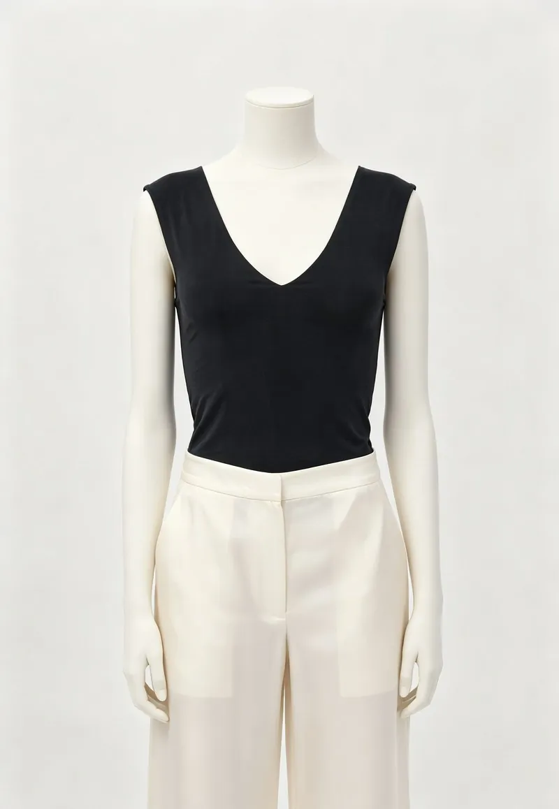Black Scoop-Neck Bodysuit and Ivory Wide-Leg Pants Set — Woven Collection by NEWCOM women's wear manufacturer