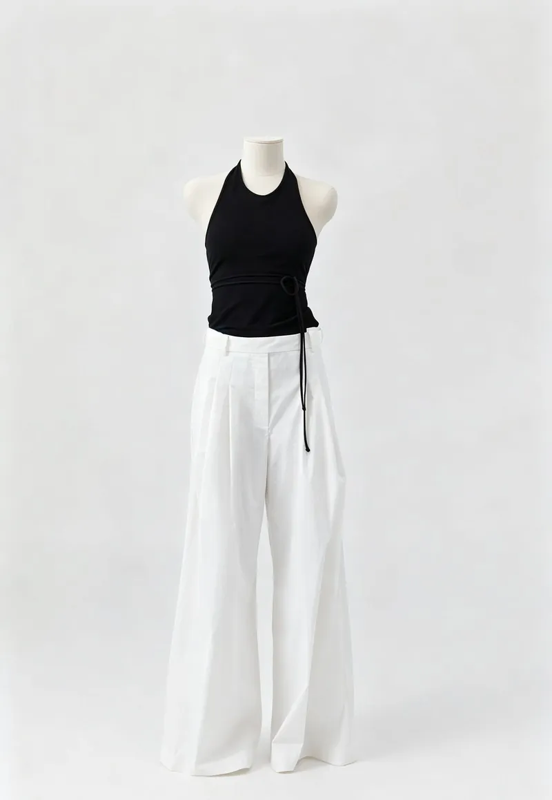 Black Halter Top and White Drawstring Wide-Leg Pants Set — Woven Collection by NEWCOM women's wear manufacturer