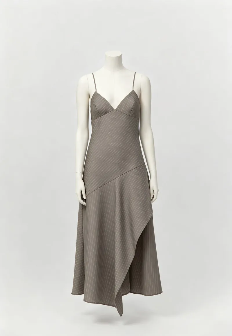 Taupe Stripe Asymmetric Slip Midi Dress — Woven Collection by NEWCOM women's wear manufacturer