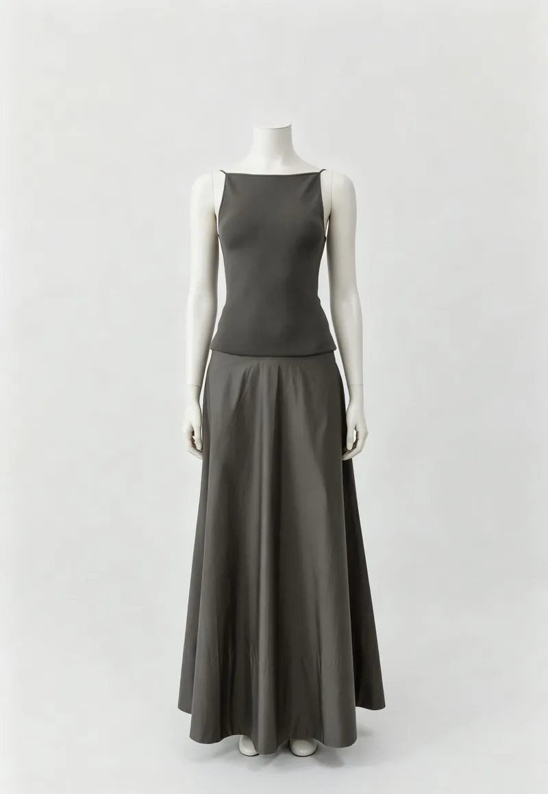 Charcoal Sleeveless Top and Full Maxi Skirt Set — Woven Collection by NEWCOM women's wear manufacturer