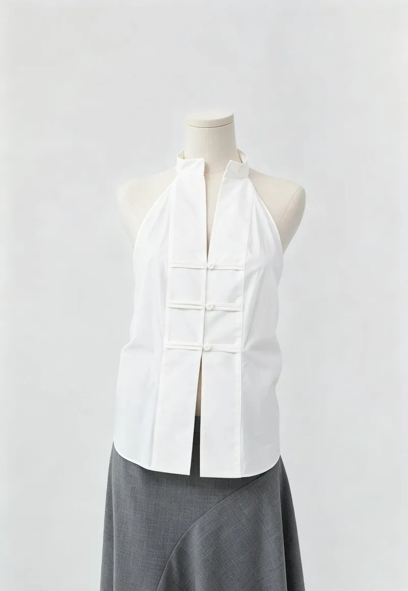 White Mandarin-Collar Sleeveless Tunic Top — Woven Collection by NEWCOM women's wear manufacturer
