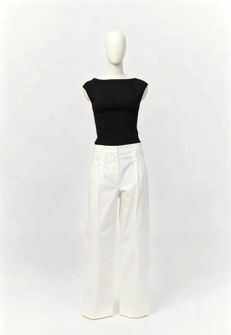 Black Cap-Sleeve Top and Ivory Wide-Leg Pants Set — Woven Collection by NEWCOM women's wear manufacturer