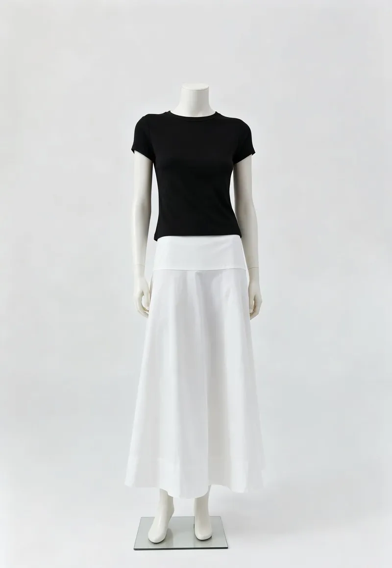 Black Cap-Sleeve Top and White A-Line Midi Skirt Set — Woven Collection by NEWCOM women's wear manufacturer