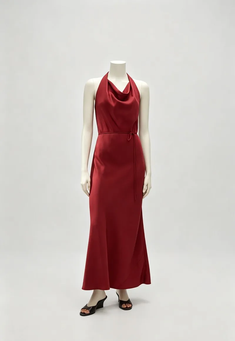 Red Draped-Neck Sleeveless Maxi Dress — Woven Collection by NEWCOM women's wear manufacturer