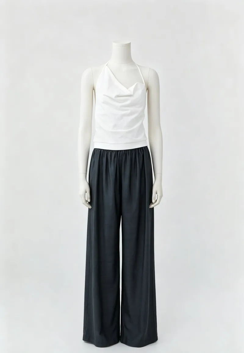 Ivory Cowl-Neck Tank and Charcoal Wide-Leg Pants Set — Woven Collection by NEWCOM women's wear manufacturer