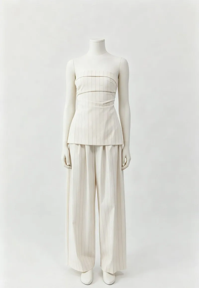 Ivory Pinstripe Corset Top and Wide-Leg Pants Set — Woven Collection by NEWCOM women's wear manufacturer