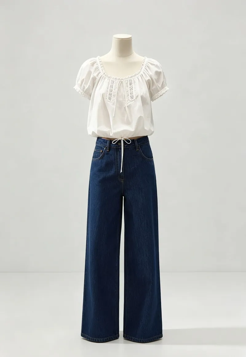 White Ruffle-Neck Blouse and Indigo Wide-Leg Jeans Set — Woven Collection by NEWCOM women's wear manufacturer