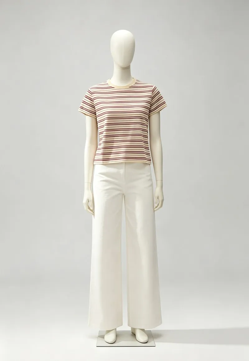 Rose Stripe Short-Sleeve Tee and Ivory Cropped Pants Set — Woven Collection by NEWCOM women's wear manufacturer