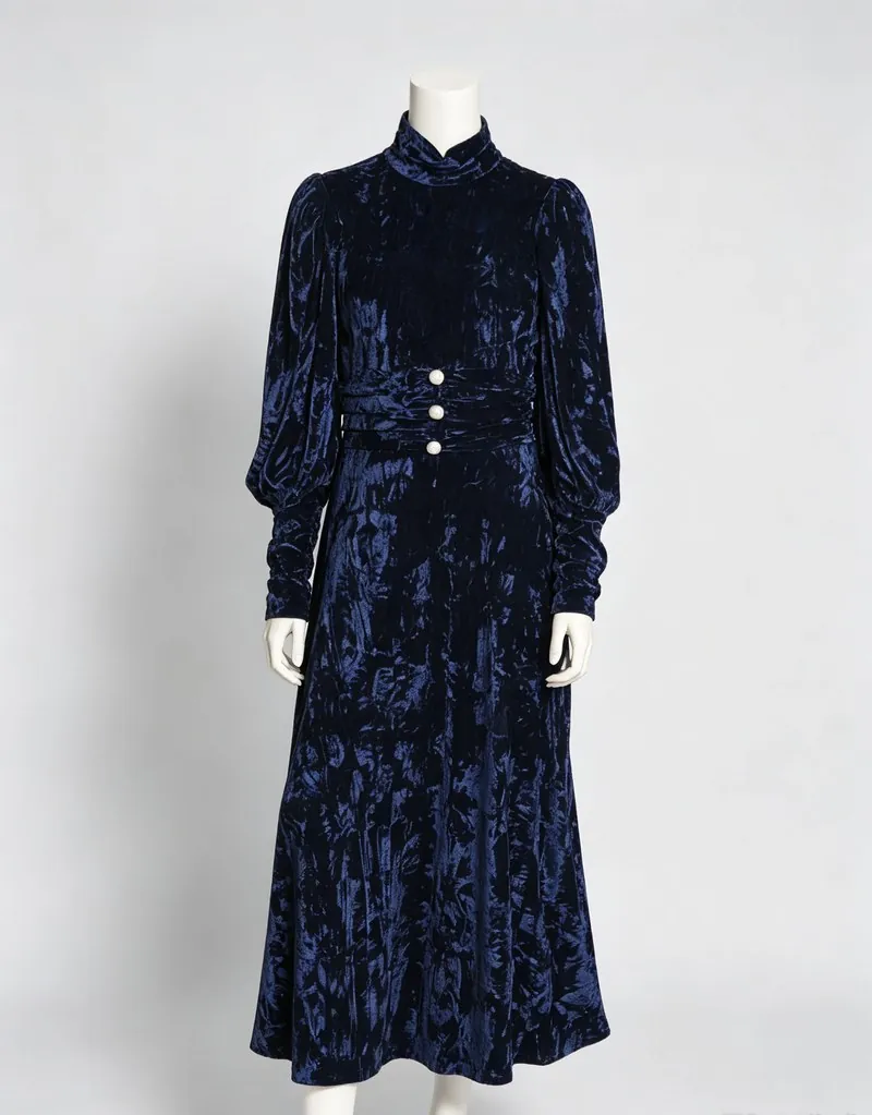Navy Velvet High-Neck Button-Front Midi Dress — Woven Collection by NEWCOM women's wear manufacturer