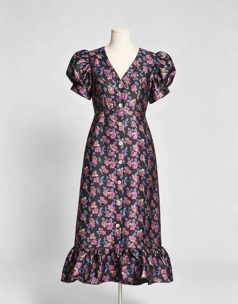 Navy Floral Flutter-Sleeve Midi Dress — Woven Collection by NEWCOM women's wear manufacturer